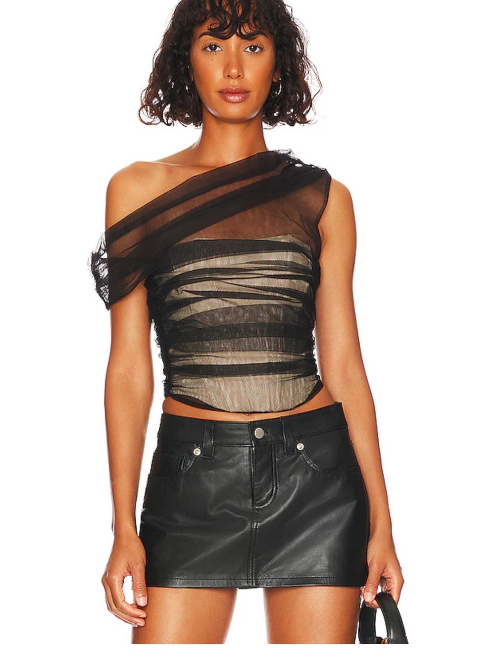 NBD Black One-Shoulder Sheer Mesh Corset